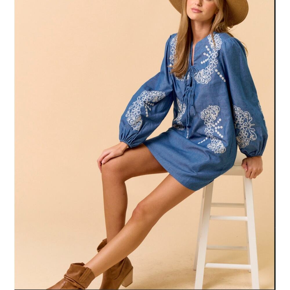 Lalavon Blue Embroidered Floral Boho Mini Dress Balloon Sleeve Size S